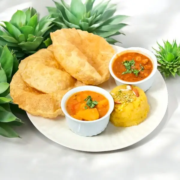 Halwa Puri Bliss (Golden Puri Brunch Platter) + Tea/Lassi + Achar